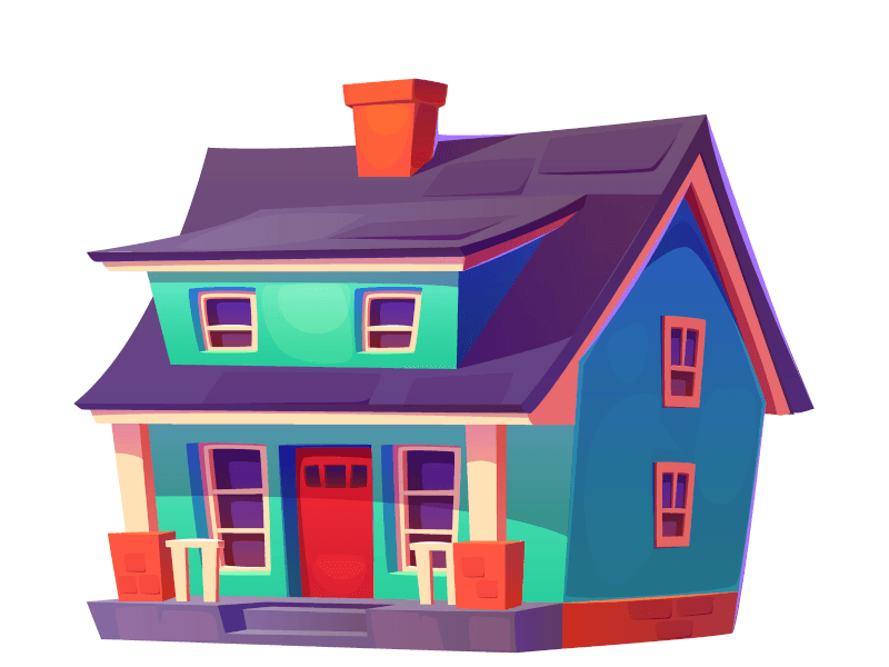 A blue house with a gray roof